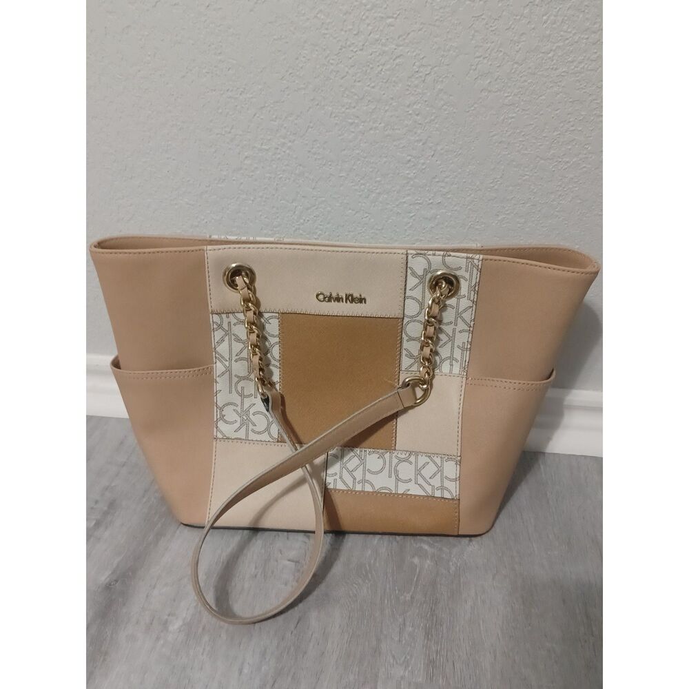 CALVIN KLEIN Saffiano & Monogram Tote Bag w/ Gold Hardware